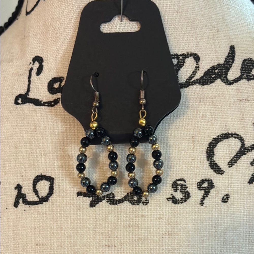 Elegant Black, Gray & Gold Beaded Earrings on fish hooks